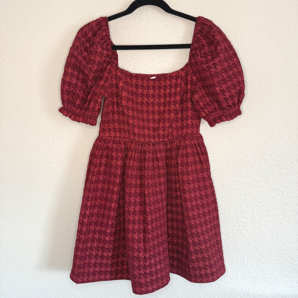 Womens Small‎ Red Houndstooth Mini Dress Milkmaid Babydoll Holiday Coquette Prep